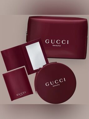 Burgundy Gucci Beauty Compact Mirror + Cosmetic Pouch/Circle Case Trio SET